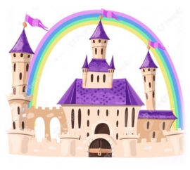 Сказочный замок. мультяшный замок. фантастический сказочный дворец с  радугой. иллюстрации. | Премиум векторы